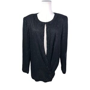Stenay Vintage 90s Black Beaded Silk Evening Jacket Womens XL Open Front India